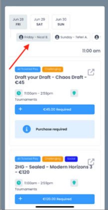 First, select the badge you wish to purchase events for! This step is critical to start the registration process. Select the badge from the top of your mobile device.